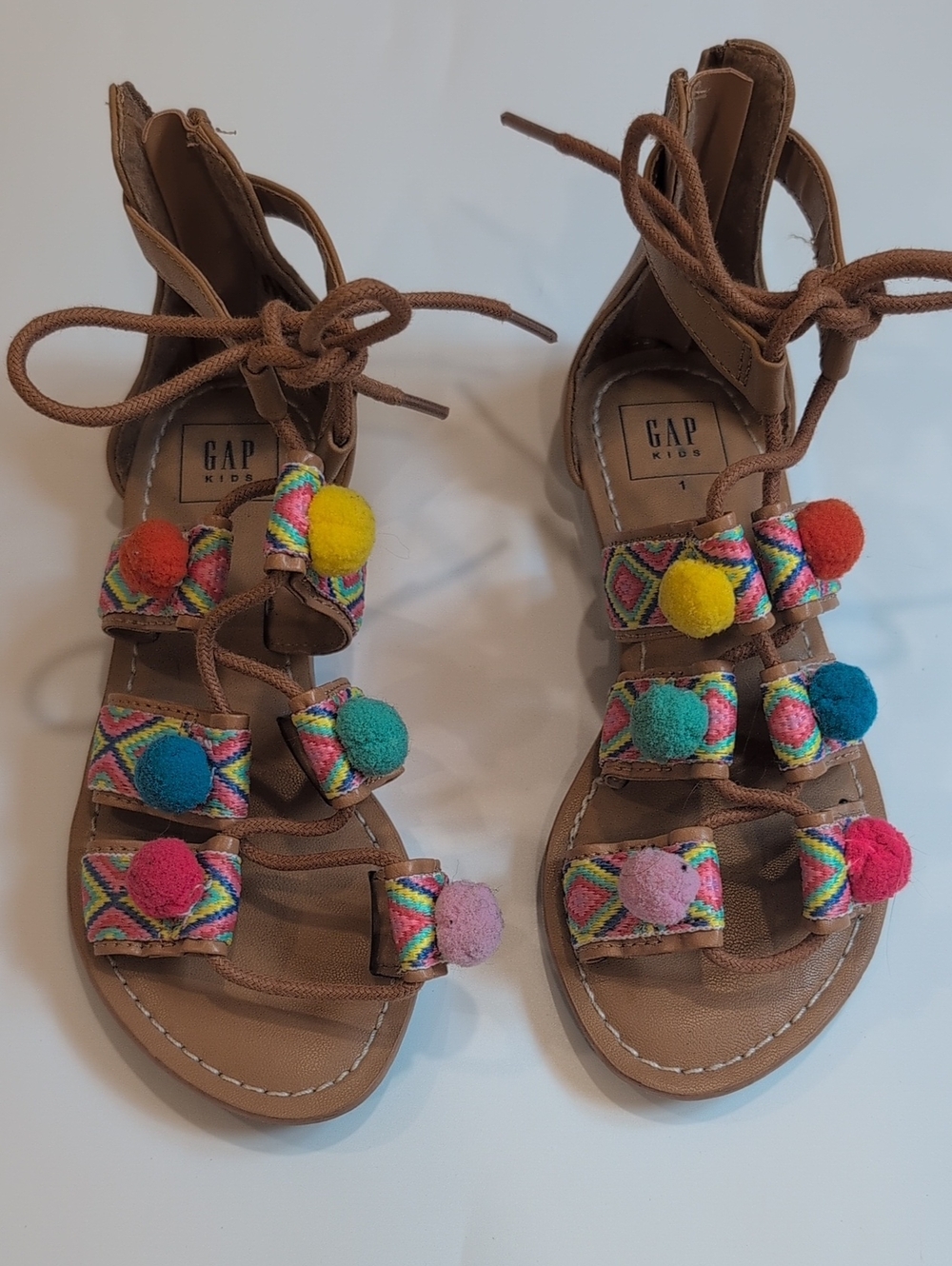Gap Kids Pom Pom Colorful Brown Tie Sandals